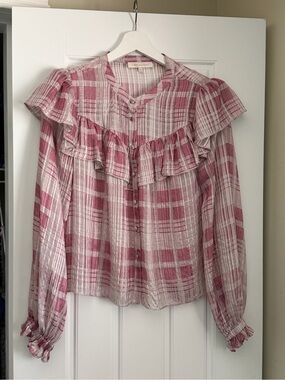 LoveShackFancy Pink and White Plaid Ruffle Button-Front Blouse